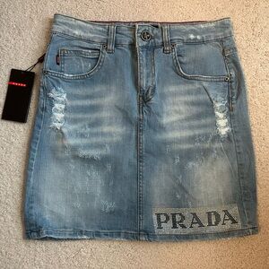 Distressed Denim Mini Skirt with Rhinestone Lettering- NEW- Size 29